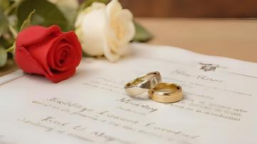 White Rose and Red Rose in left hand corner, a pair of gold rings on top of documents