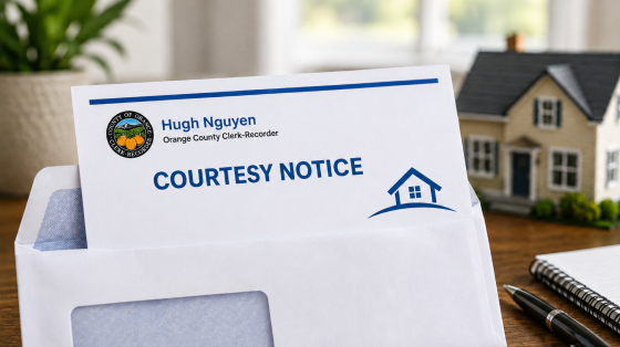 White Envelope with a notice with letter head Hugh Nguyen Clerk Recorder Courtesy Notice and small home. Small model home, white notepad, pen, and green plant in white pot on wooden table with a window and white curtains in the background