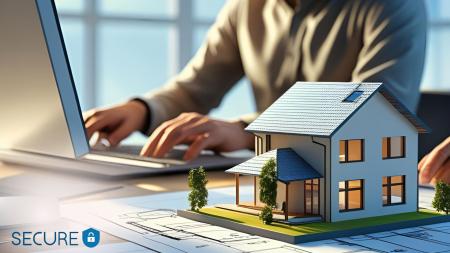 Person typing on laptop, miniature model home on desk